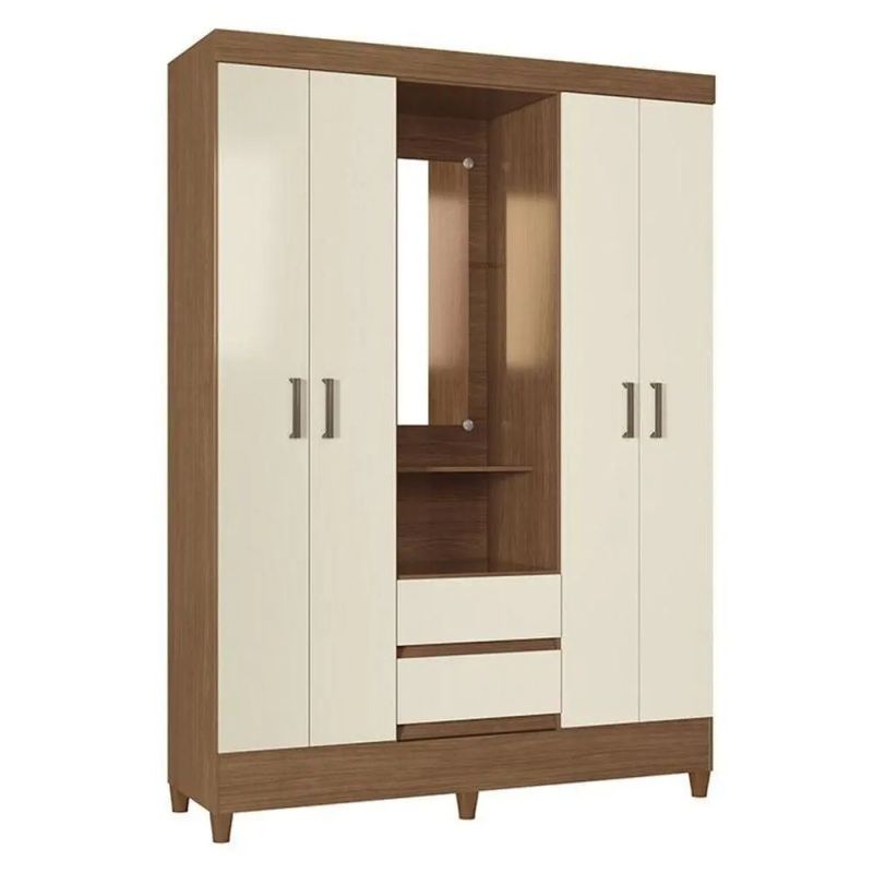 Armoire de rangement à 4 Portes - 137,4 x 42,2 x 191 cm - 2 Tiroirs, 2 Tringles, 3 étagères - Niche Ouverte style Coiffeuse avec Miroir Central – Bois et Blanc Cassé 