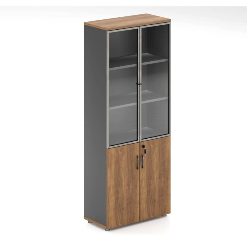 Armoire de Rangement en bois - Porte vitrée et cadre en aluminium   - 198 x80x40 cm - 2 colonnes - STL-2D - Marron - Livrée non montée