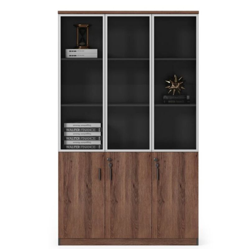 Armoire de Rangement en bois - Porte vitrée et cadre en aluminium - H 198 x L 120 x P 40 cm - 3 colonnes - STL-3D - Marron - Livrée non Montée