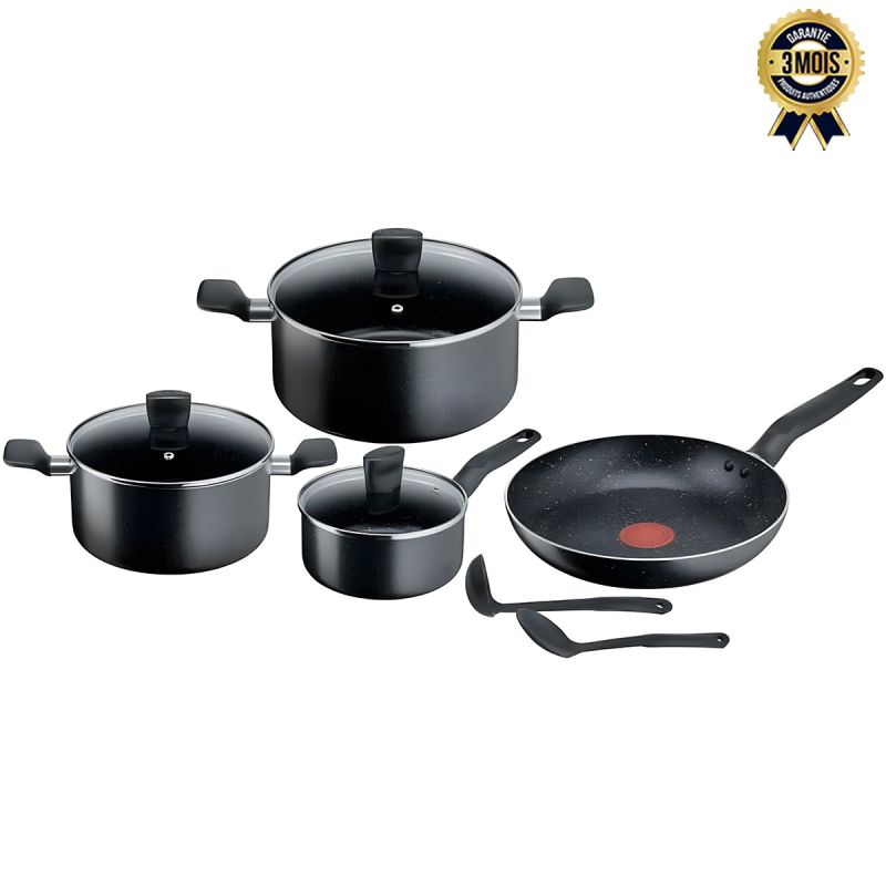 Batterie de cuisine 9 pièces - Tefal Dark Stone B491S985 - Revêtement Antiadhésif - Kit Complet ( 2 Cocottes 20 et 24 cm, Casserole 16 cm, Poêle 28 cm, Cuillère, Louche) - Garantie 04 mois