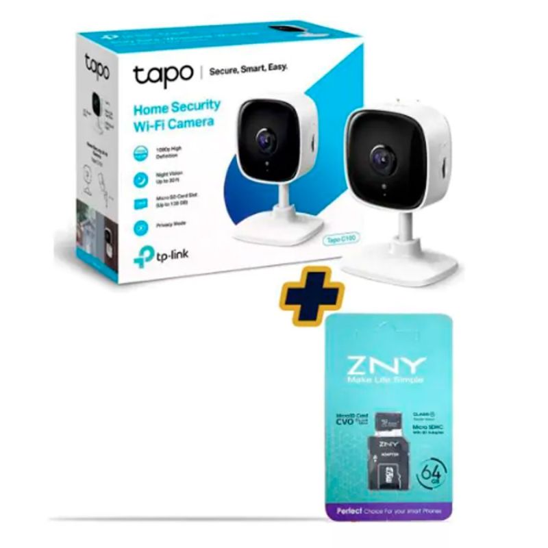 Caméra de Sécurité Intelligente Prix en fcfa - TP-Link Tapo C100 - Accès à distance + Carte Mémoire ZNY de 64Go Offerte| Glotelho Cameroun