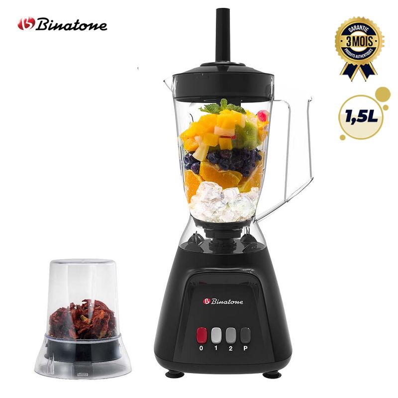 Blender BINATONE 1.5L 600W avec Bol Sec, Glace Pilée, bol transparent, 2 vitesses + Pulse, garantie 3 mois, prix Cameroun. 