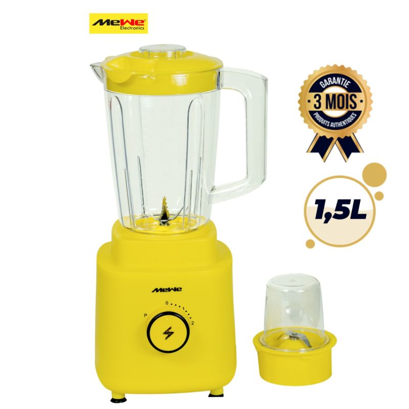 Blender MEWE 450 W, jaune, 2 bols incassables dont un d'1,5L, deux vitesses, fonction pulse, garantie 3 mois au prix Cameroun.