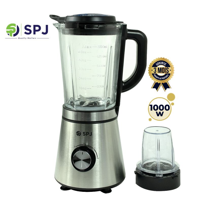 Blendeur Ice Crusher - SPJ - BDX-SS1000W - 1000W - 2 Bols en Verre (1.5L et Sec) - Lames Inox - Turbo - Garantie 3 mois