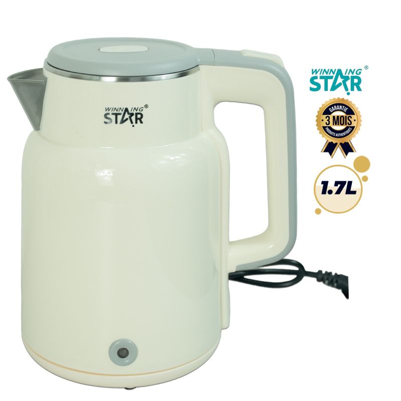 Bouilloire Électrique  - WINNING STAR - ST-6059 - 1,7L  - 1500W - Doublure Acier Inoxydable Épaissi - Protection Anti-Ébullition à Sec, Arrêt Automatique - Plug VDE/BS- Blanc/Crème - Garantie 3 mois