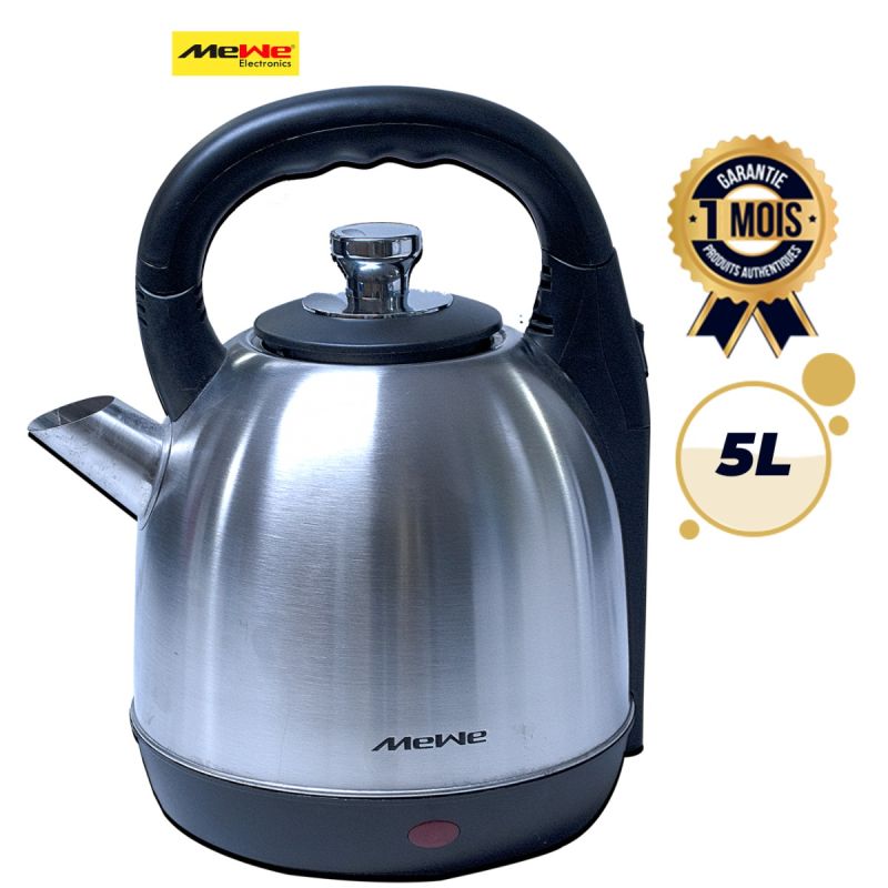 Bouilloire électrique MEWE 5 Litres - MWKET-06BK - En Acier Inoxydable - Chauffe Rapide 1800W - Protection contre la Surchauffe - Argent/noir - Garantie 1 mois