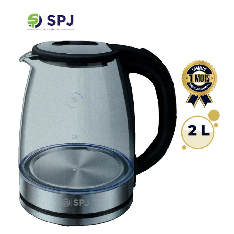 Bouilloire électrique SPJ – 2L, 1500 W – en verre borosilicate, avec LED, base en aluminium, garantie 1 mois, prix Cameroun. 