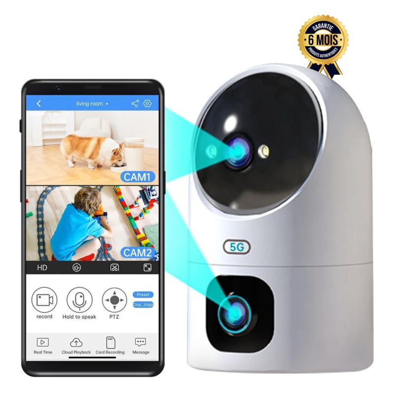 Caméra de sécurité à double objectif - WiFi 5G/2,4 G - Appel à une touche, Vision nocturne couleur, Audio bidirectionnel, Détection de mouvement intelligente - 6 Mois