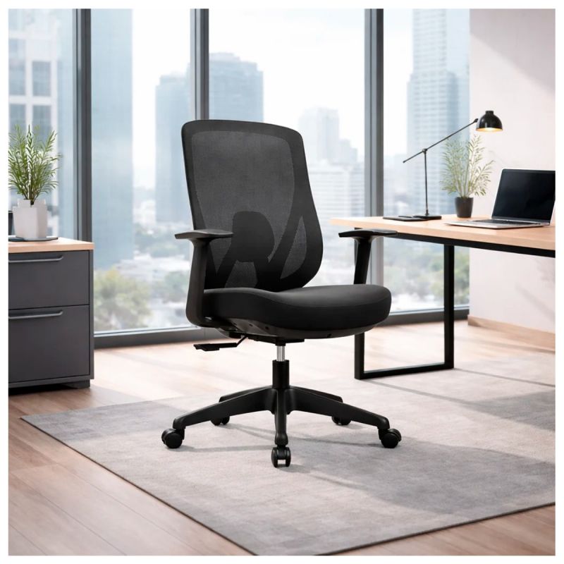 Chaise de Bureau Secrétaire Ergonomique - CS-B06 - Dossier Maille - Support Lombaire Réglable - Structure Aluminium - 150 kg - Noir