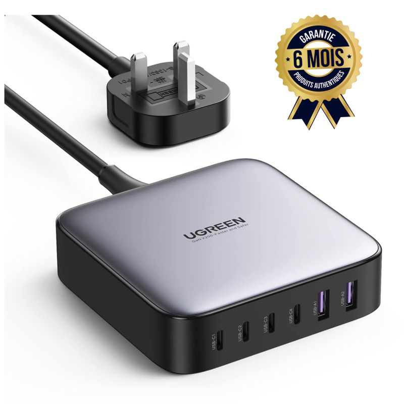 Chargeur Multi Ports USB - Station de charge USB  UGREEN Nexode GaN - 200 Watts - 06 ports - Sortie britannique - Tablettes, Smartphones MacBook, Steam Deck, HUAWEI P60, Ordinateurs portables( Livré entre 03 et 07 jours) - Garantie 06 mois 