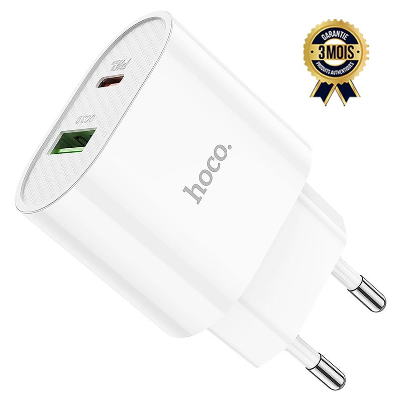 Chargeur HOCO - CS95A - Double ports USB-A et USB-C - 30W Max - PD 20W - QC 3.0 - Câble USB-C vers Lightning inclus - Garantie 3 mois