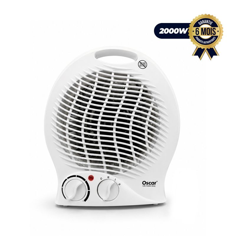 Chauffage Soufflant – OSCAR OSC-AH0078 – Puissance 2000W avec 2 niveaux (1000W/2000W) – Thermostat réglable – Oscillation 65° – option Ventilateur – Sécurité anti‑surchauffe et anti‑renversement – Compact et Portable – Garantie 6 mois