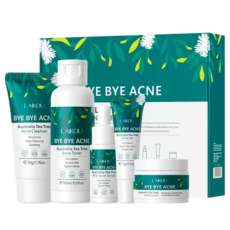 Coffret de Soins Anti-Acné à l'arbre à thé LAIKOU - Routine complète anti‑acné & contrôle du sébum - 5 produits (Nettoyant 50 g, Lotion tonique 100 ml, Sérum, Crème et Gel 15 g).