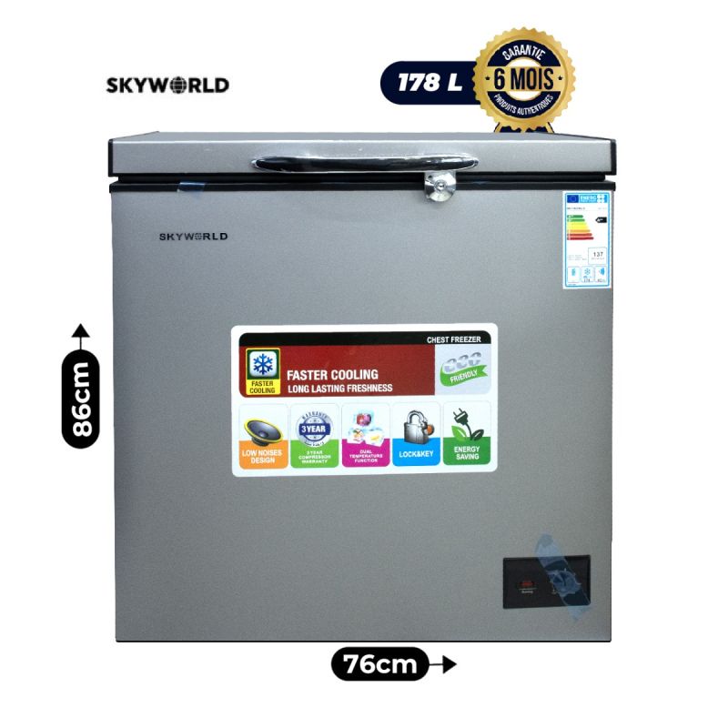 Congélateur Coffre - Skyworld - BF178CF - 178 Litres - Classe A++ - Tropicalisé Classe T - Silencieux - Gris - Garantie 06 mois