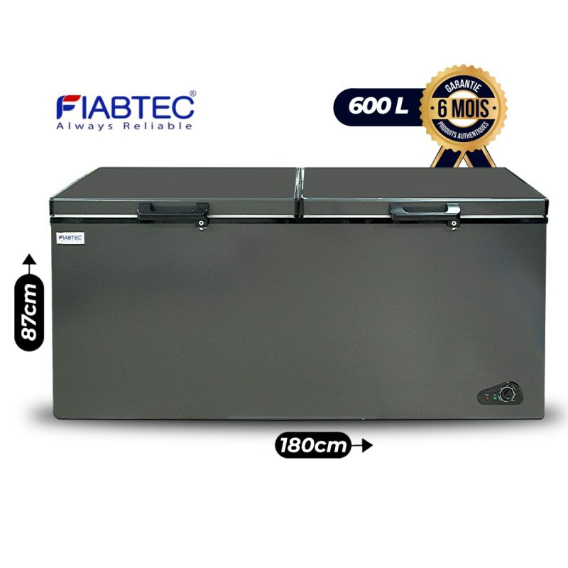 Congélateur coffre FIABTEC 600L gris, avec deux couvercles indépendants et thermostat en façade, garantie 6 mois, prix Cameroun.
