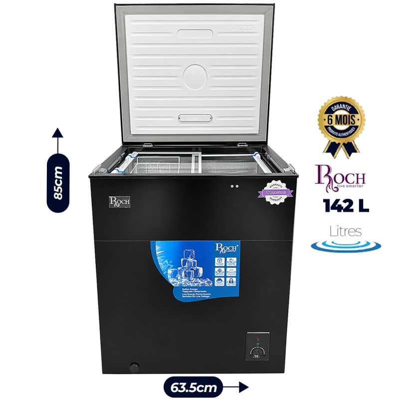 Congélateur Coffre - Roch - RCF-180G-I - 142 Litres - Couvercle Verre - Classe A+ - Tropicalisé - Serrure - Noir - Garantie 6 mois