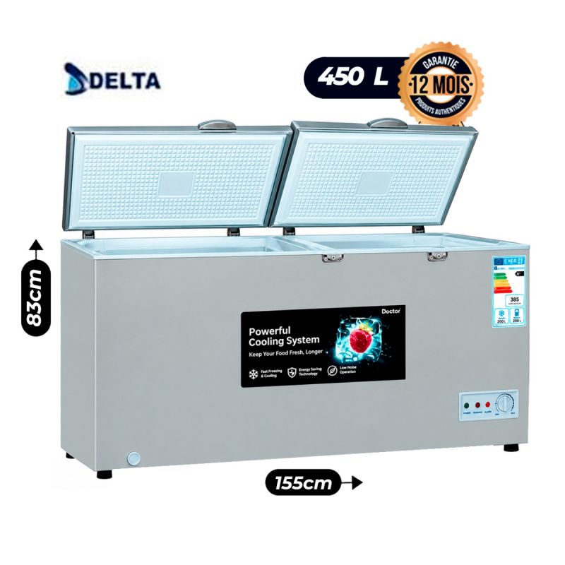 Congélateur Coffre Horizontal - DELTA DCF-549XX - 450 Litres - Double Couvercle - Congélation Rapide - Serrure de Sécurité - Paniers & Roulettes - Gris - Garantie 12 mois