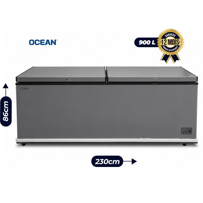 Congélateur Coffre OCEAN 900L – DUO Tropical Silver – OCE 902 T S DUO  – Double Couvercle & Double compartiment – Congélation rapide – Froid Statique – Gaz R600a – A+ – Classe Tropicale T – Serrures – Gris – Garantie 12 Mois