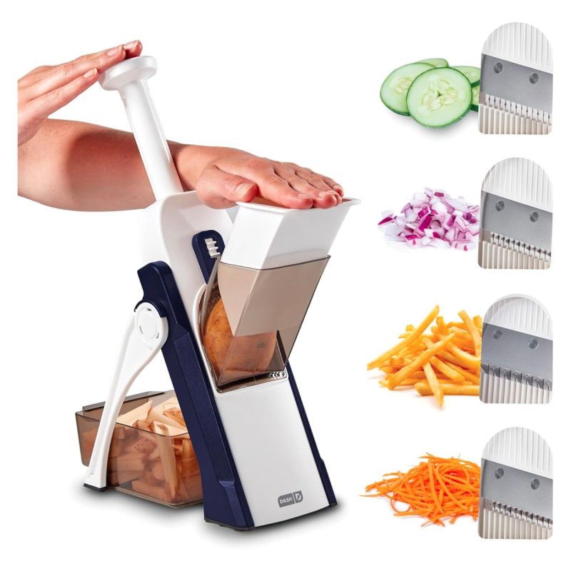 Coupe-légumes/Mandoline Multifonction Safe Slice - Tranches, Julienne et Dés ( 30+ Coupes)  - Épaisseur Réglable 0.5 à 8 mm - Sans BPA - Lames Acier Inoxydable - Blanc