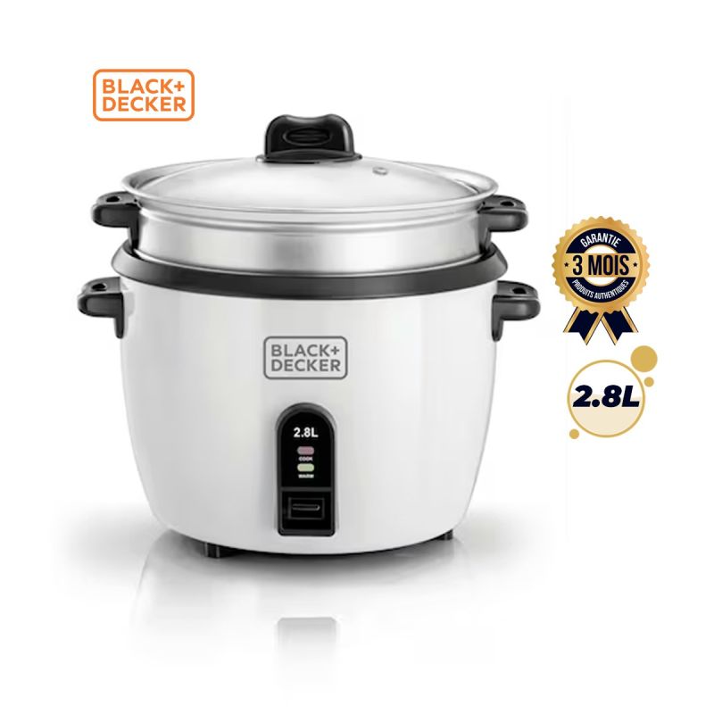 Cuiseur de Riz BLACK+DECKER 2.8L - RC2850-B5 - 1100W - Fonction Maintien au Chaud - Cuisson Automatique - Bol Anti-adhesif - Couvercle transparent - Blanc - Garantie 3 mois