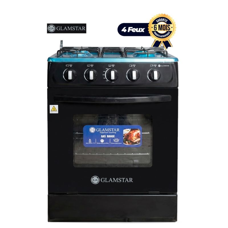 Cuisinière à gaz – Glamstar – GGC-60G4-G(B) – 4 foyers – Four à gaz – Grill intégré – Allumage automatique – Inox 60×60 cm – Classe A – Garantie 6 mois