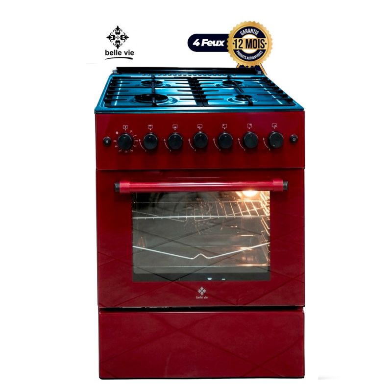 Cuisinière à Gaz BELLE VIE - F6B40G2-IX – 60x60 cm – 4 Foyers – rouge, garantie 12 mois, prix au Cameroun. 