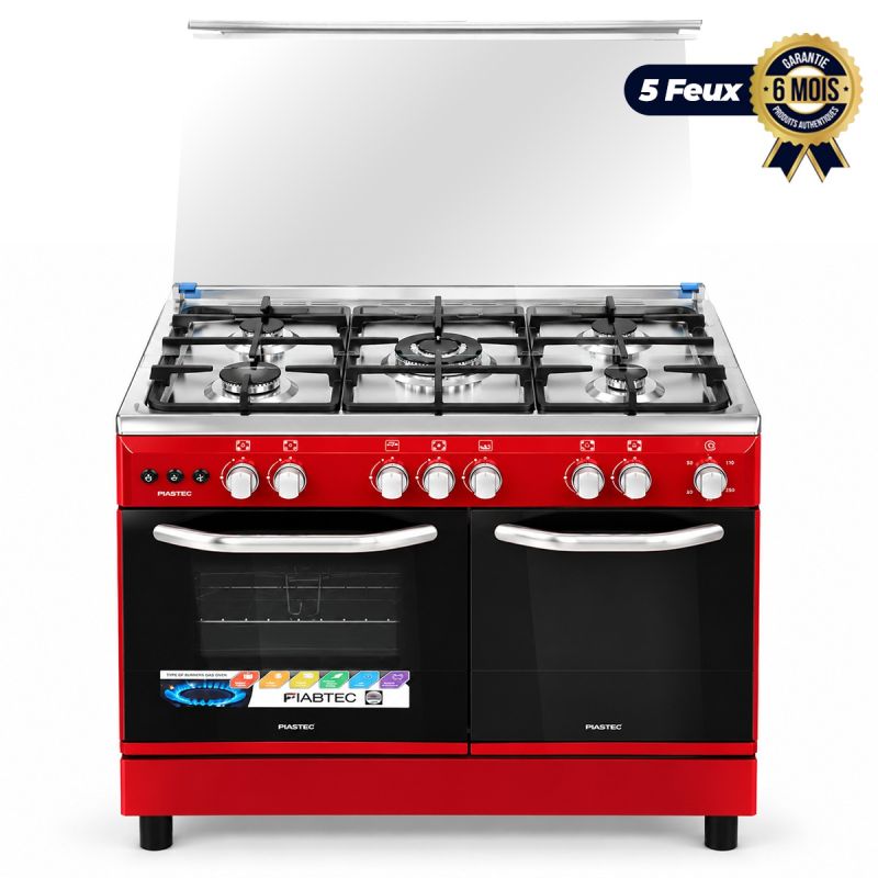 Cuisinière à gaz - FIABTEC - FTGOX-9060-ROUGE - 5 Foyers (Triple Couronne) - 90x60 cm - Four avec Gril & Tournebroche - Compartiment Bouteille - Grilles Fonte - Garantie 06 mois