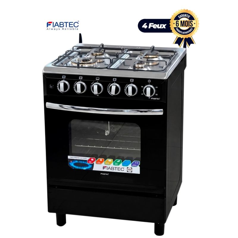 Cuisinière à Gaz - FIABTEC - FTGOX-6060 BLACK - 60 × 60 cm - 4 Feux - Four 72 L - Grill - Rôtissoire - Allumage Automatique - Garantie 6 Mois