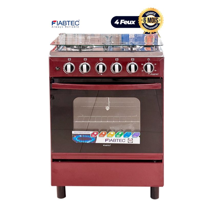 Cuisinière à Gaz - FIABTEC - FTGOX-6060 BROWN - 60 × 60 cm - 4 Feux - Four 72 L - Grill - Rôtissoire - Allumage Automatique - Garantie 6 Mois