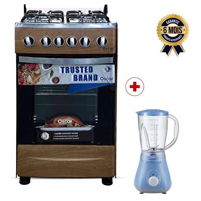 Pack Cuisine Oscar - Cuisinière à Gaz 4 Feux 50x50 cm avec Allumage Automatique - BOIS + Blender Roch 2-en-1 OFFERT