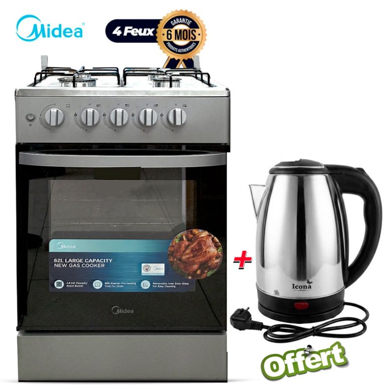 Pack Cuisine Midea – Cuisinière à Gaz 4 Feux MD-508(SL) – 50 × 50 cm – Allumage Électrique + Bouilloire Électrique ICONA 2L OFFERTE