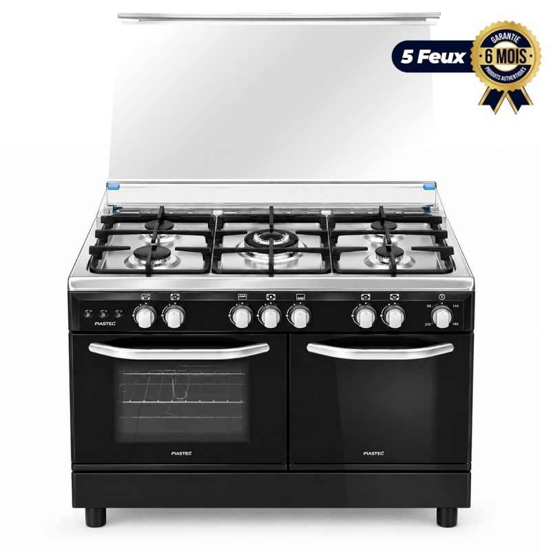 Cuisinière à gaz FIABTEC - FTGOX-9060-NOIR - 5 Foyers (Triple Couronne) - 90x60 cm - Noire - Four avec Gril & Tournebroche - Compartiment Bouteille - Grilles Fonte - Garantie 06 mois