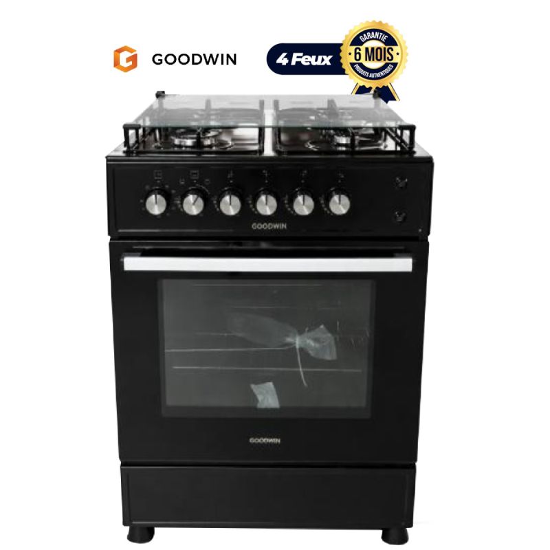 Cuisinière à Gaz GOODWIN 4 Feux, 60×60 cm – Noir,  Couvercle en verre, four avec rôtisserie, garantie 6 mois, prix au Cameroun. 