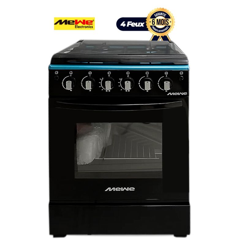 Cuisinière à Gaz MEWE - MWKCA-SGC602-4G - 60x60 cm - 4 Feux - Allumage automatique - Four 80L - Noir - Garantie 06 Mois