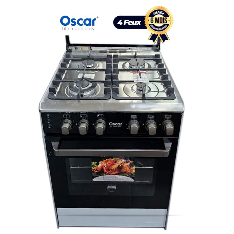 Cuisinière à Gaz – OSCAR LUXE - OSC-64NBGC - 60×60 – Full Option – 4 Feux + Four + Grill – Allumage Automatique – Minuteur – Inox – Garantie 06 Mois