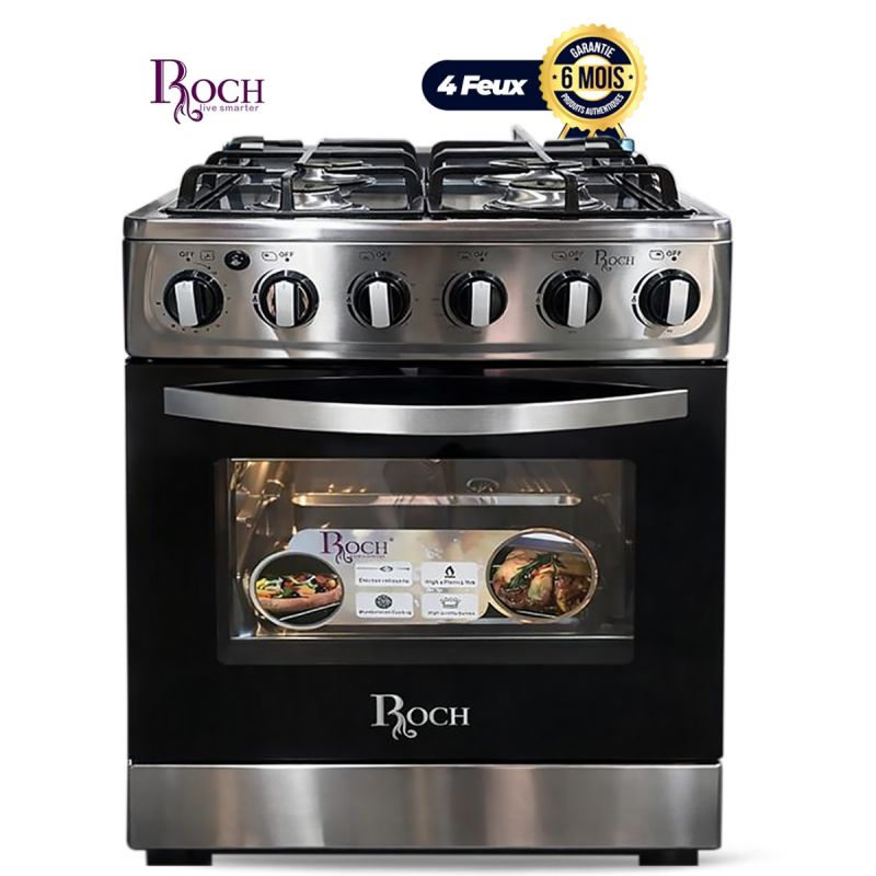 Cuisinière à gaz ROCH - RGC-60G4-G(S) - 60 x 60 cm - Full Inox - 4 Brûleurs - Grilles en fonte - Allumage automatique - Garantie 6 mois