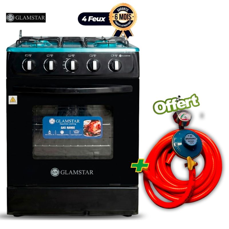 PACK Cuisinière Glamstar 60×60 Inox - GGC-60G4-G(B) + Kit Gaz Triple Sécurité OFFERT