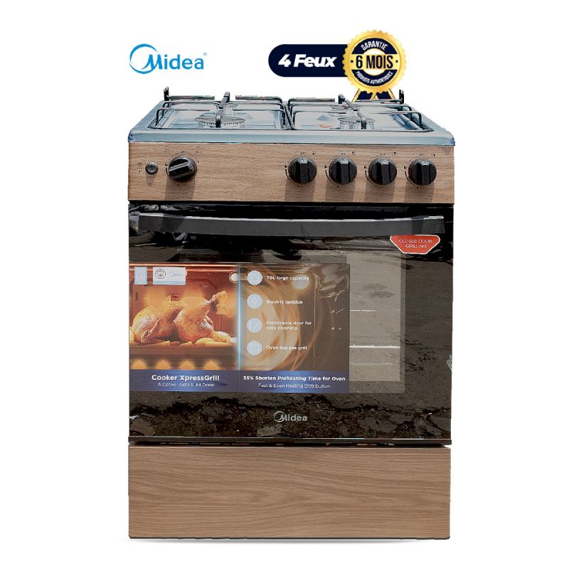 Cuisinière à Gaz Midea IN619 60x60 cm - 4 Feux - Four 70 Litres - Allumage Électrique + Grill + Minuterie - Bois - Garantie 6 Mois
