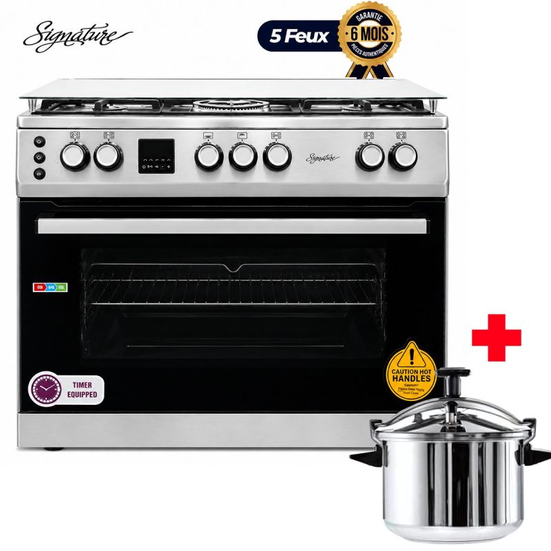 Pack Cuisinière SIGNATURE 5 Feux Inox 60x90cm avec Grand Four SOGO6090-IX-AVG + Cocotte Minute Fatafeat 9L Inox – Garantie 6 Mois