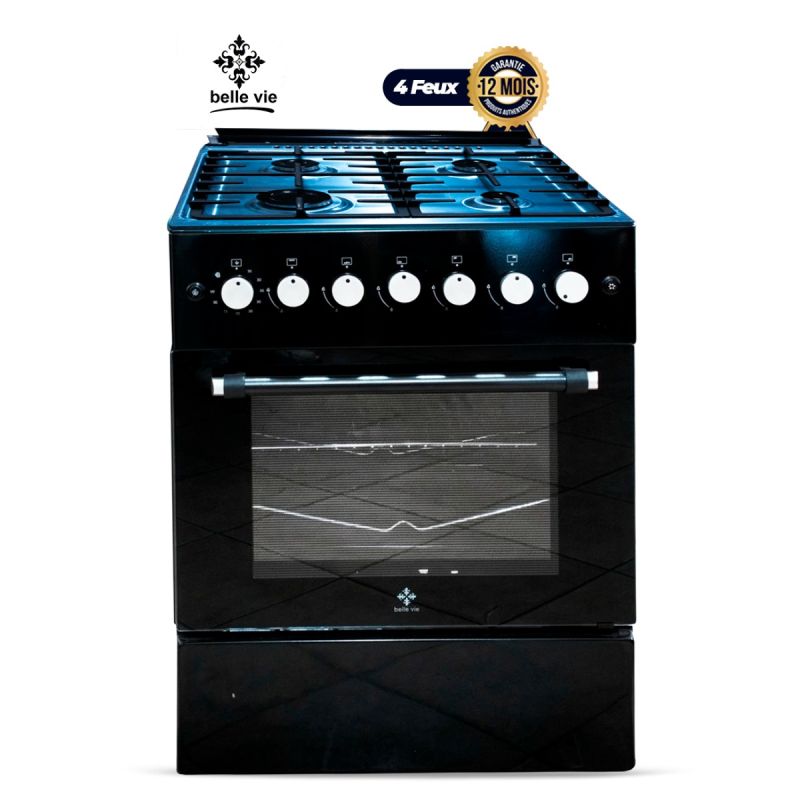 Cuisinière à Gaz BELLE VIE - F6B40G2-BL – 60x60 cm – 4 Foyers – Four Double Chauffe Haut et Bas – Gril & Tournebroche – Allumage Électrique – Minuterie – Noir – Garantie 12 Mois 