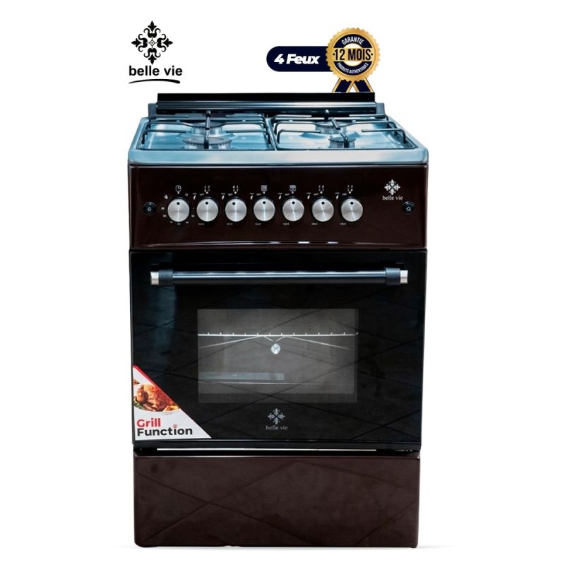 Cuisinière à Gaz BELLE VIE – F6B40G2-BR/IX Classic – 60x60 cm – 4 Foyers – Marron avec Table Inox – Four à Gaz Double Chauffe, Gril & Tournebroche – Minuterie – Allumage Électrique – Grilles en Fonte – Garantie 12 mois