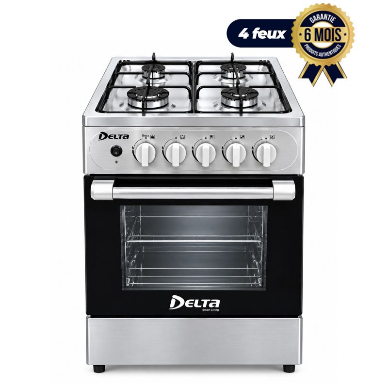 Cuisinière à Gaz DELTA FGC-5050-SL-M – 50x50 cm, 4 Foyers - Allumage Automatique - Four & Gril - Plateau Inclus – Gris / Inox – Garantie 6 Mois