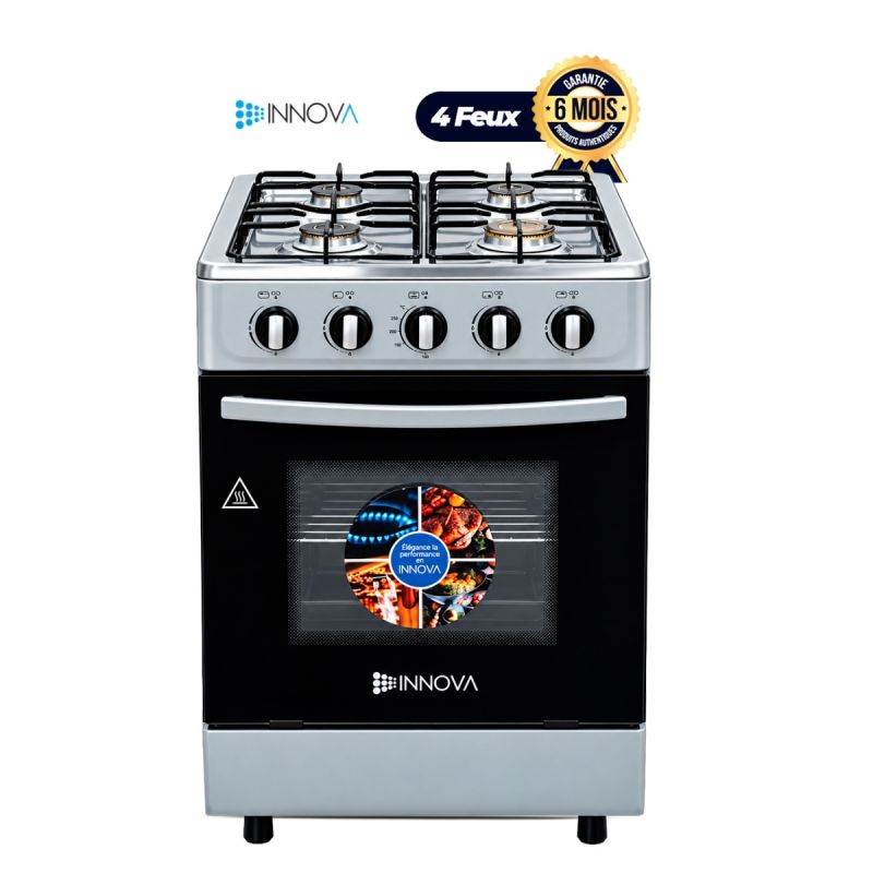 Cuisinière à Gaz INNOVA IN60GS 60 X 60 cm – 4 Feux, Chapeaux de Brûleurs en Laiton – Four à Gaz – Plan Inox – Roulettes  intégrées – Gris – Garantie 6 Mois