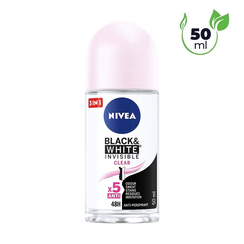 Déodorant Anti-transpirant Roll-on - NIVEA Black & White Invisible Clear - 48h de protection contre 5 actions - 50 ml