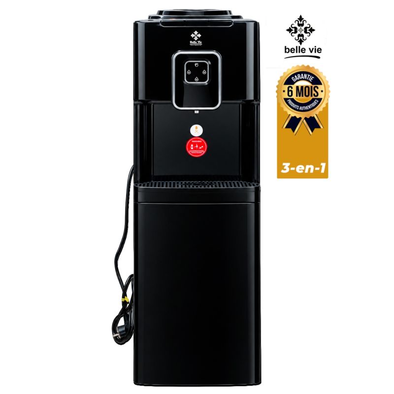 Distributeur d'Eau 3-en-1 - Belle Vie - BVWD-51 - Chaud/Froid/Naturel - Réservoir Inox - Meuble de Rangement - Noir - Garantie 6 mois