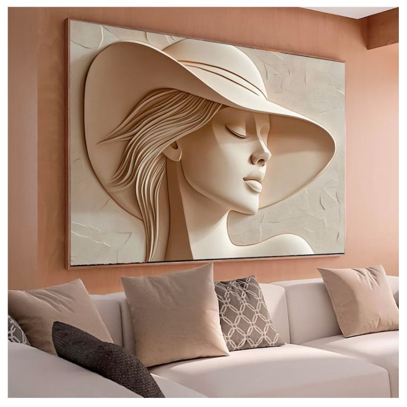 Tableau Décoratif – Femme élégante au chapeau à large bord – Toile Abstraite Effet 3D avec Cadre en Bois
