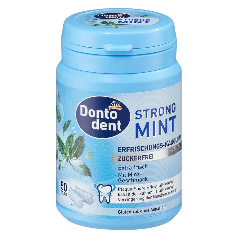 Dontodent Strong Mint – Chewing-gum Sans Sucre à la Menthe Forte (Boîte de 50 Dragées) – Haleine Fraîche, Sans Aspartame, Vegan & Sans Gluten
