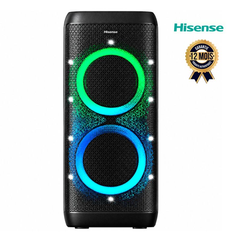 Enceinte de Fête Portable - Hisense Party Thunder – 620W Max - 6 Haut-parleurs (2 Woofers, 2 Tweeters et 2 Large bande)Batterie 18h & Étanche IPX4 - Roulettes & Poignée - AI Light Show - Bluetooth 5.4 Auracast - Garantie 12 mois