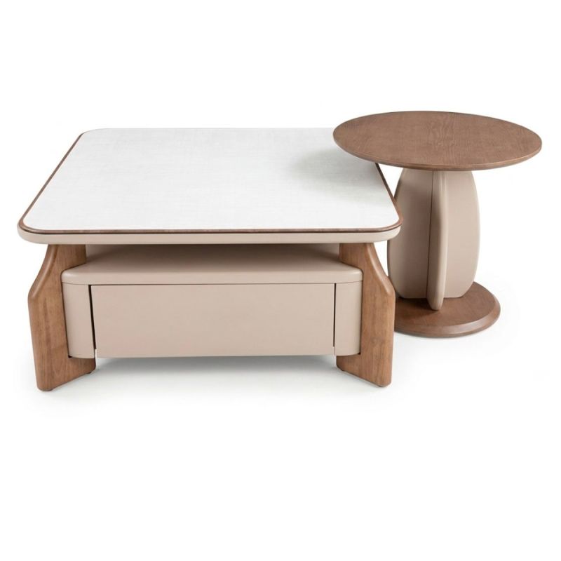 Ensemble de 2 tables basses - Plateau marbré et structure en bois - HB2510022 - marron/blanc cassé - Livrées non montées