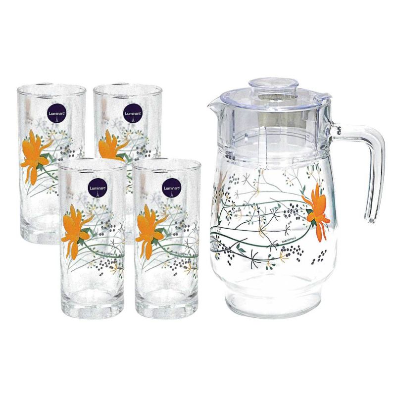 Ensemble de Verre + Caraf Ultra Resistant à Motif Fluerie - Luminarc Filomena orange (Jus, Eau et Cocktail) - 7 Pieces - 27cl - 1,6L - (Prix en fcfa) | Glotelho Cameroun